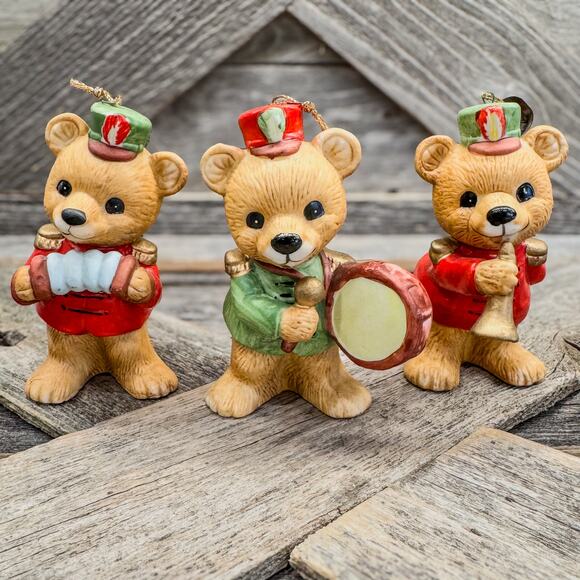 Set of 3-1980’s Homco Christmas Marching Band Bear Ornaments/Figurines-#5553-4”H - Picture 1 of 6